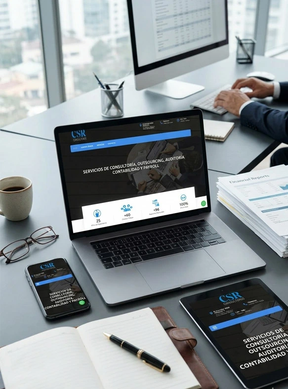 Diseño de sitio web corporativo, SEO básico, alojamiento y gestión de campañas en Google Ads para CSR Consultores.