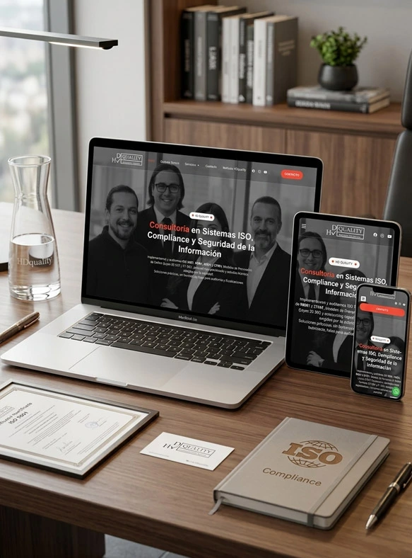 Rediseño web corporativo de alta gama y gestión estratégica de campañas de Google Ads para HD Quality Chile, especialistas en consultoría de Normas ISO y Compliance, desarrollado por NaroSoft.