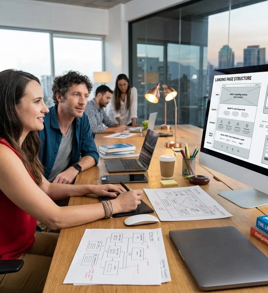 Equipo de diseño web de NaroSoft colaborando en la creación de la estructura de una landing page en una oficina moderna en Santiago, con un dashboard de analítica visible en la pantalla
