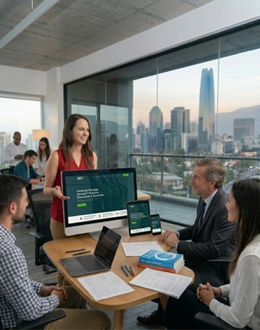 Diseñadora de NaroSoft presentando un proyecto de sitio web a un cliente en su oficina de Santiago